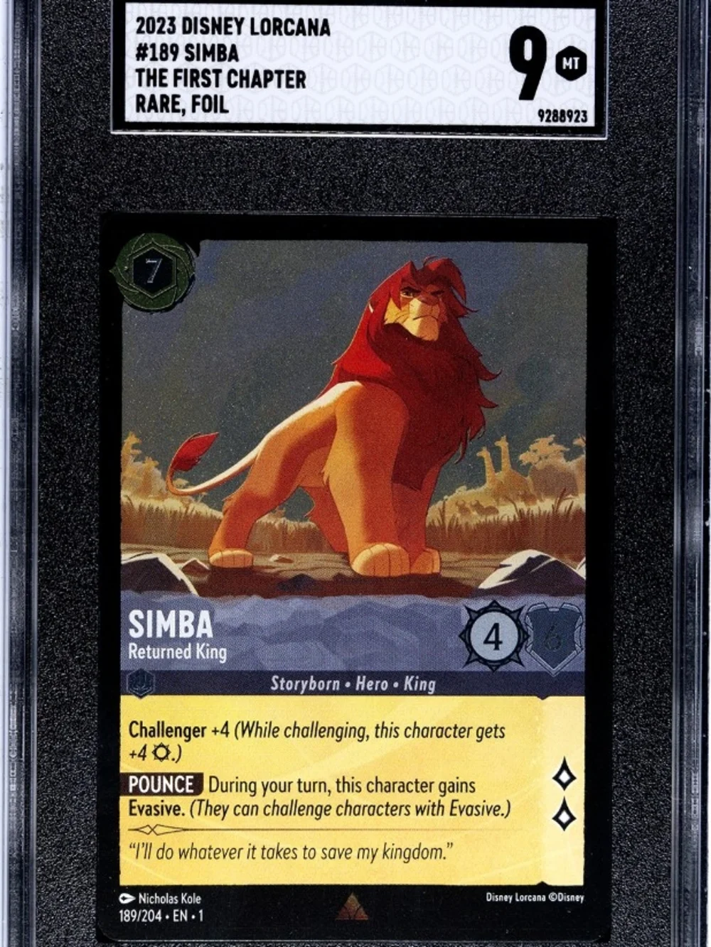 Lorcana TCG EN-1 189/204 Simba Returned King Rare Foil SGC Graded 9 Mint